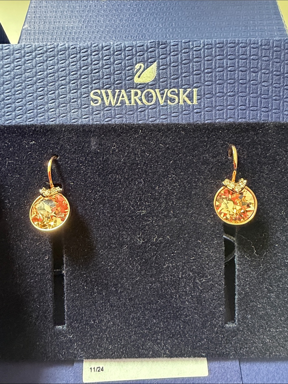 Swarovski Rose Gold Crystal Drop Earrings in Navy Box